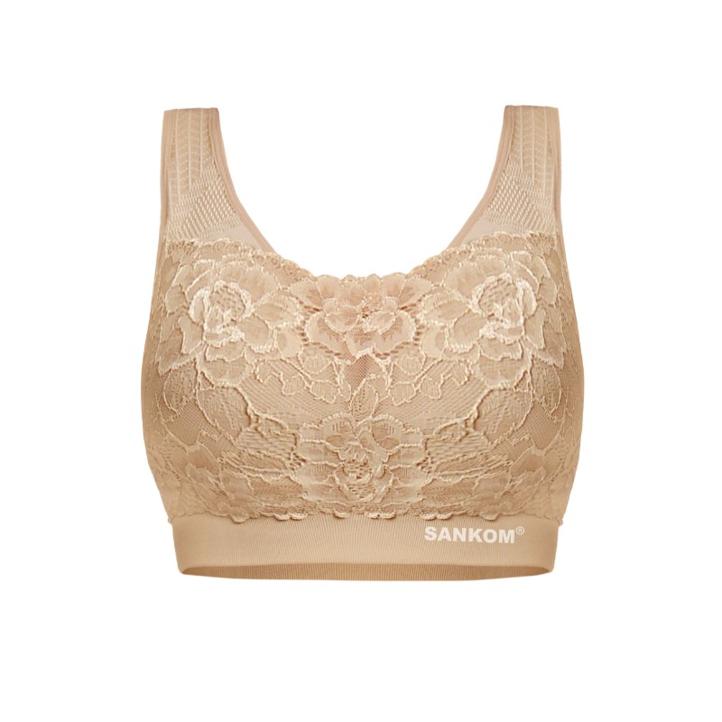 Buy Sankom Breathable Classic Bra With Lace Biege Large in Qatar